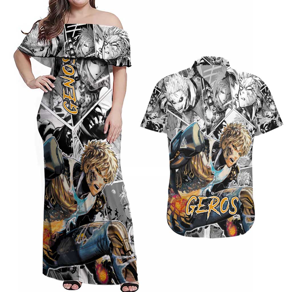 Genos - One Punch Man Couples Matching Off Shoulder Maxi Dress and Hawaiian Shirt Anime Mix Manga Style