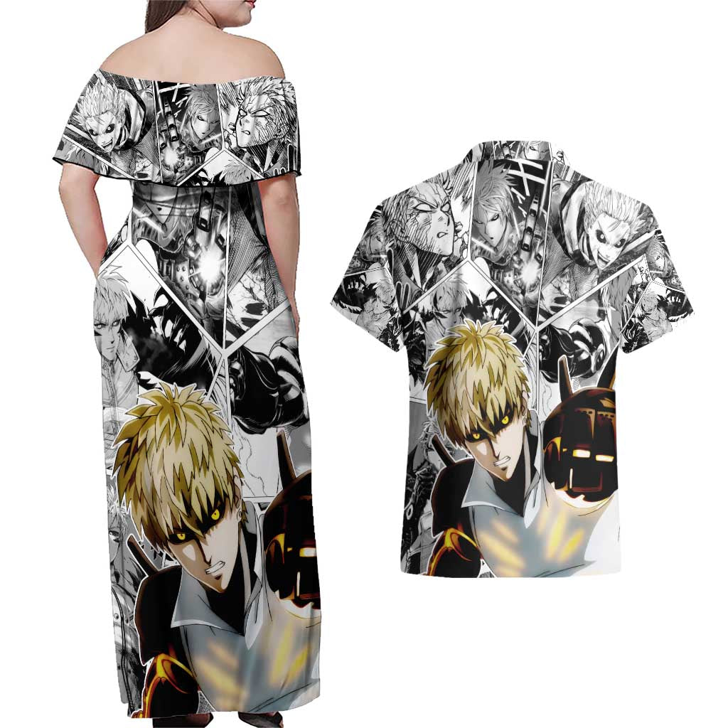Genos - One Punch Man Couples Matching Off Shoulder Maxi Dress and Hawaiian Shirt Anime Mix Manga Style