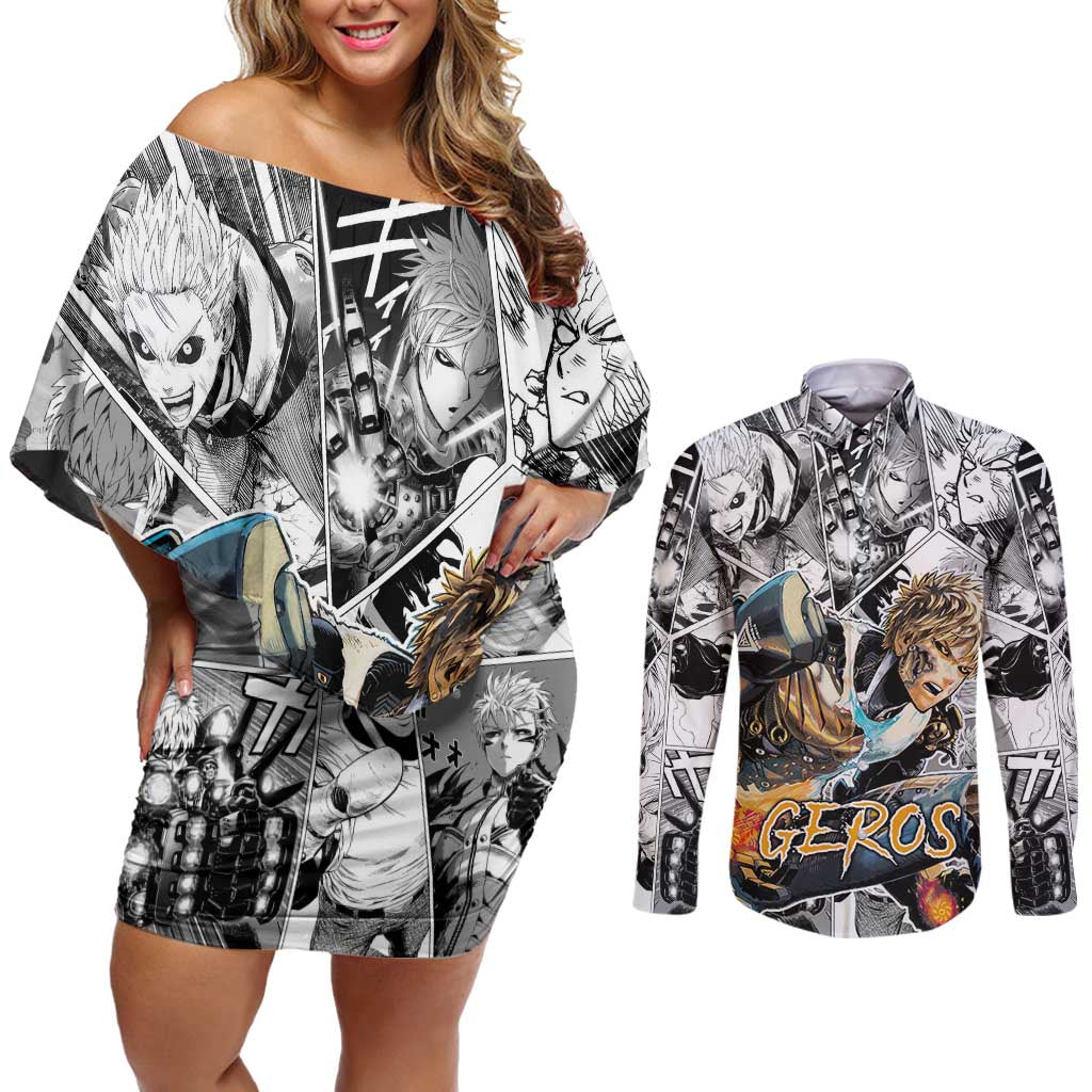 Genos - One Punch Man Couples Matching Off Shoulder Short Dress and Long Sleeve Button Shirt Anime Mix Manga Style