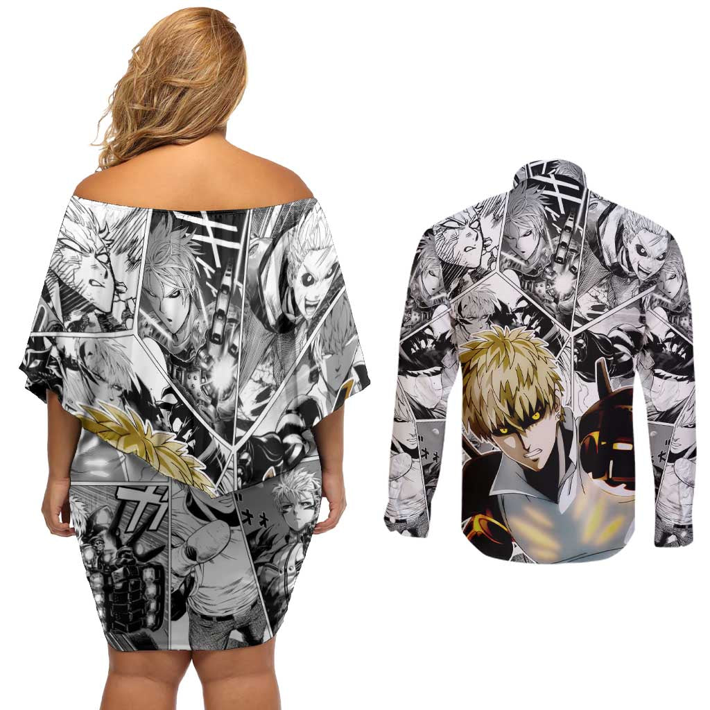 Genos - One Punch Man Couples Matching Off Shoulder Short Dress and Long Sleeve Button Shirt Anime Mix Manga Style