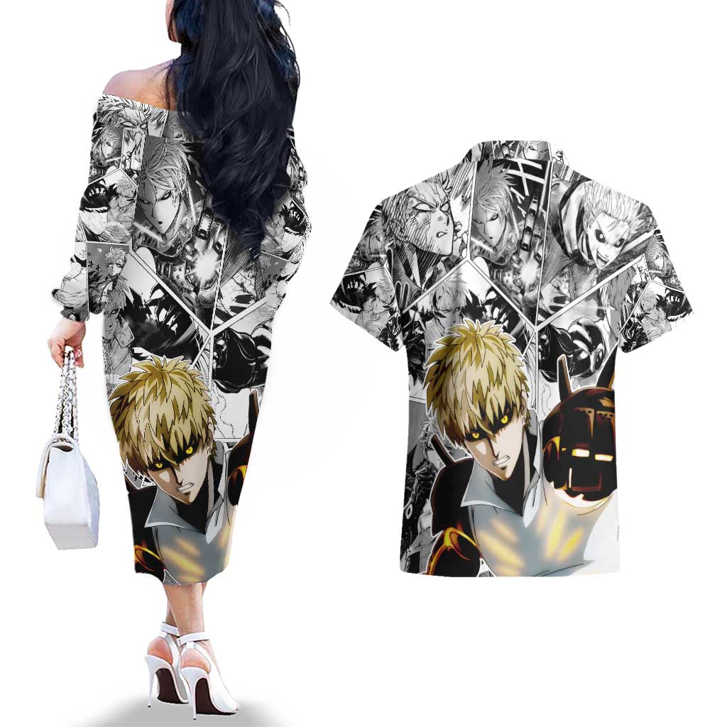 Genos - One Punch Man Couples Matching Off The Shoulder Long Sleeve Dress and Hawaiian Shirt Anime Mix Manga Style