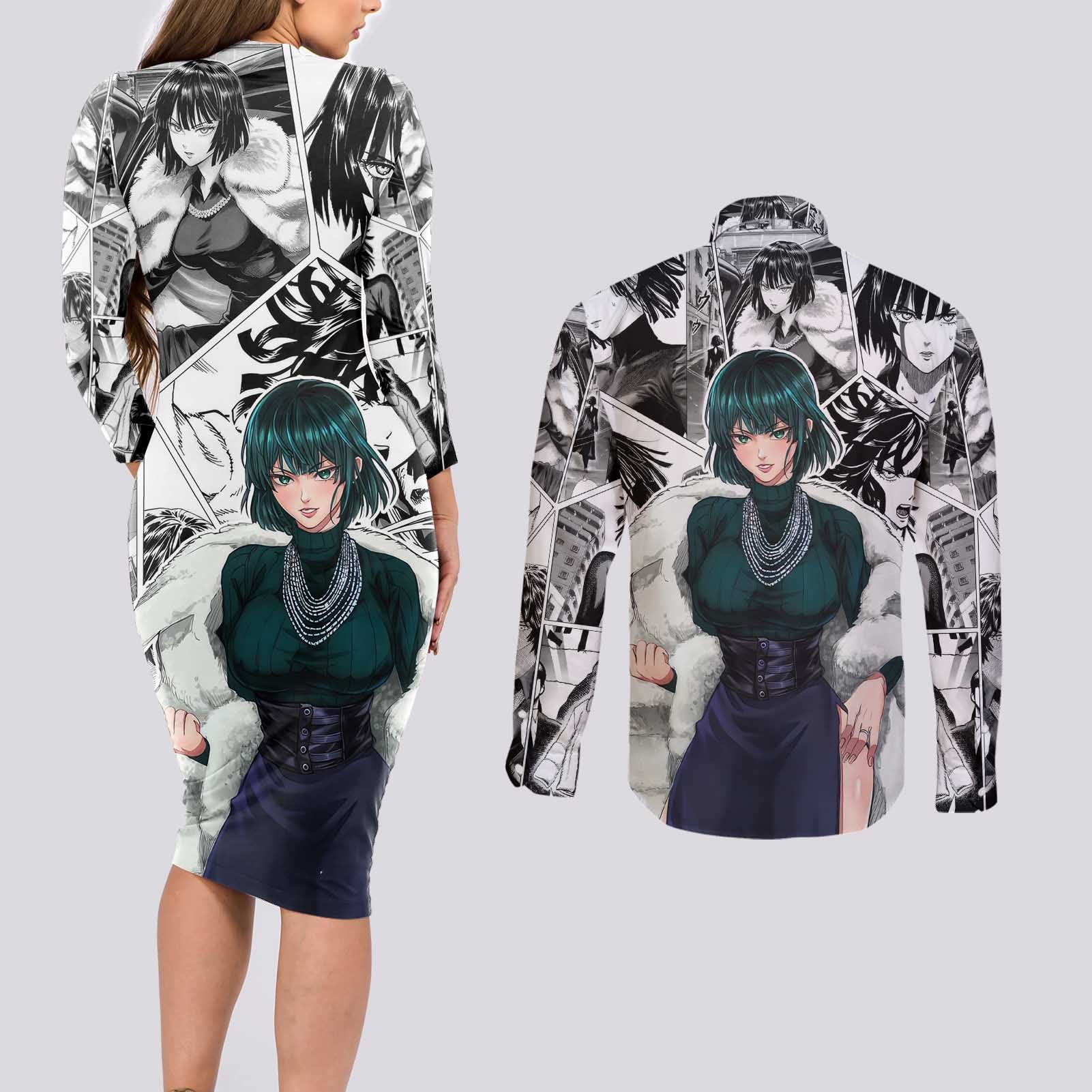 Fubuki - One Punch Man Couples Matching Long Sleeve Bodycon Dress and Long Sleeve Button Shirt Anime Mix Manga Style