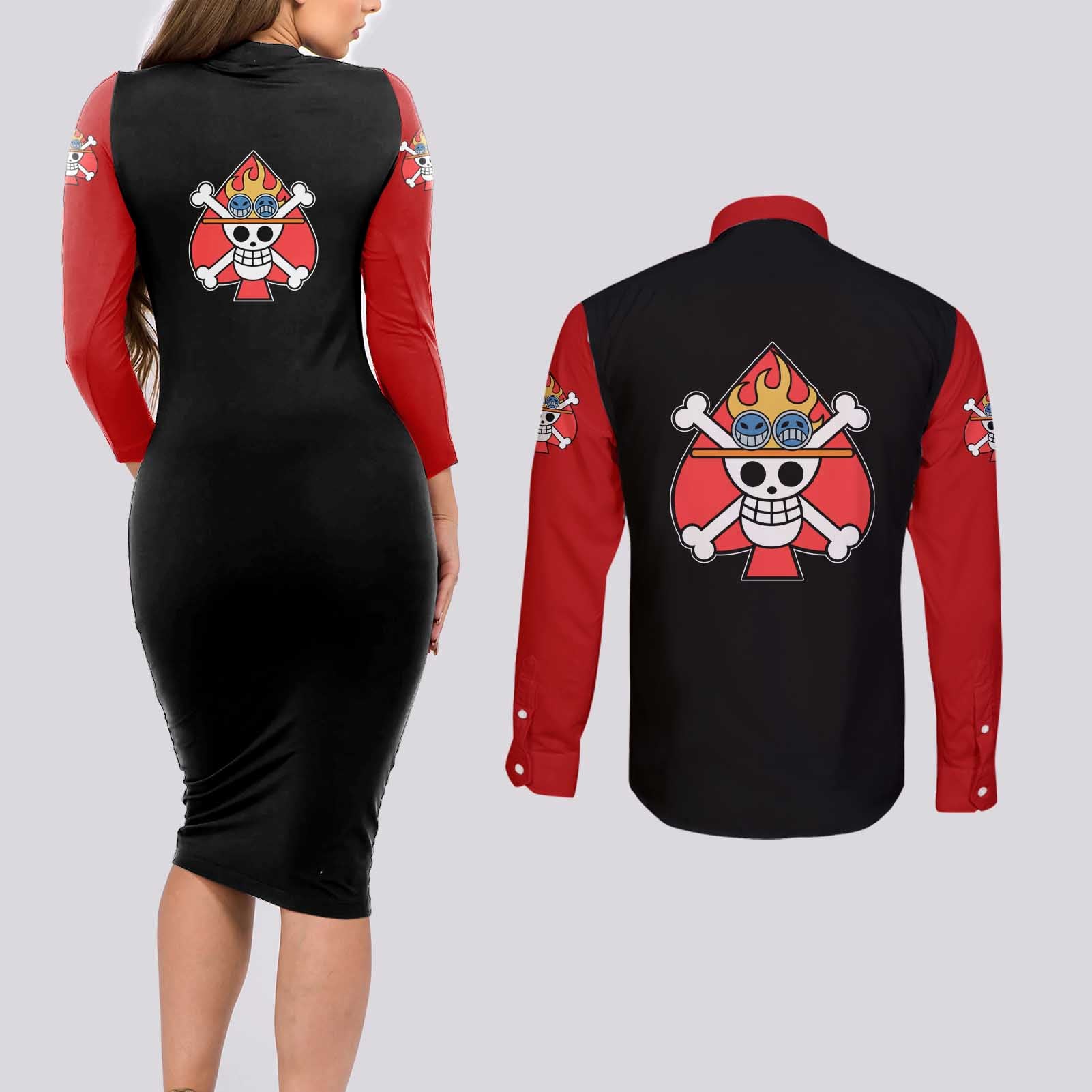 Portgas D.Ace - One Piece Couples Matching Long Sleeve Bodycon Dress and Long Sleeve Button Shirt Anime Mix Manga Style