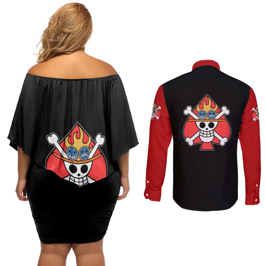 Portgas D.Ace - One Piece Couples Matching Off Shoulder Short Dress and Long Sleeve Button Shirt Anime Mix Manga Style