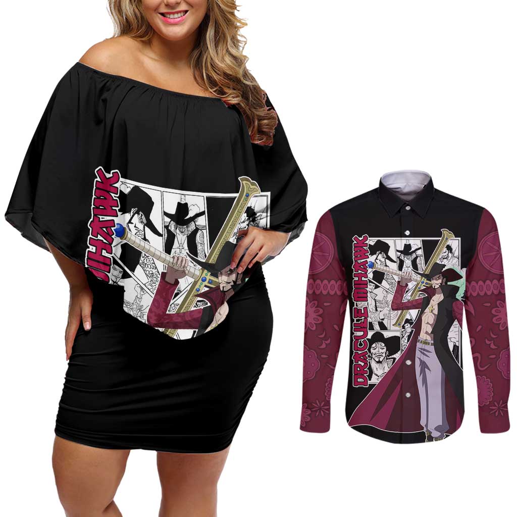 Dracule Mihawk - One Piece Couples Matching Off Shoulder Short Dress and Long Sleeve Button Shirt Anime Mix Manga Style
