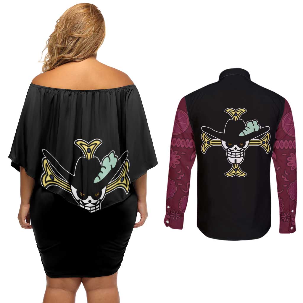 Dracule Mihawk - One Piece Couples Matching Off Shoulder Short Dress and Long Sleeve Button Shirt Anime Mix Manga Style