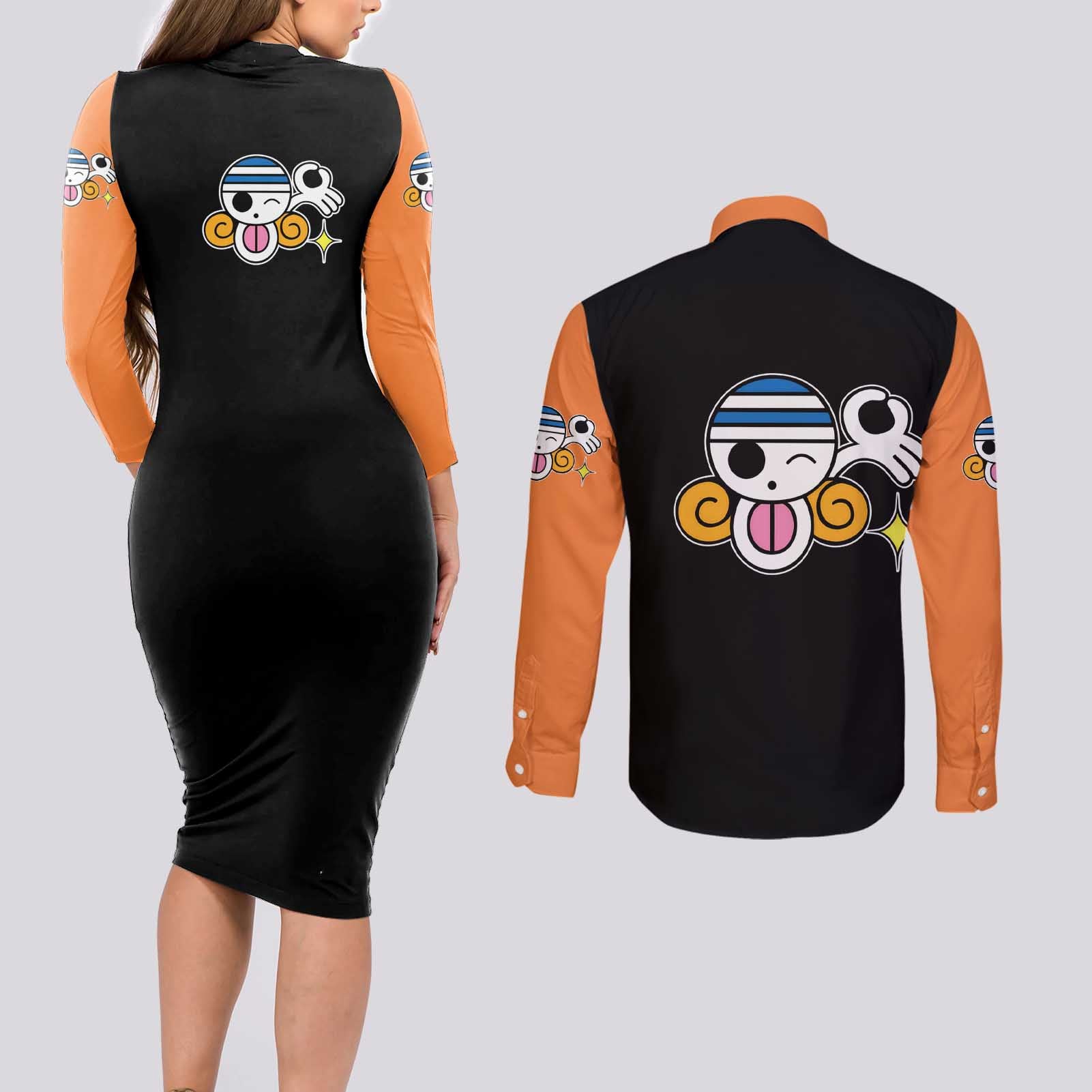 Nami - One Piece Couples Matching Long Sleeve Bodycon Dress and Long Sleeve Button Shirt Anime Mix Manga Style