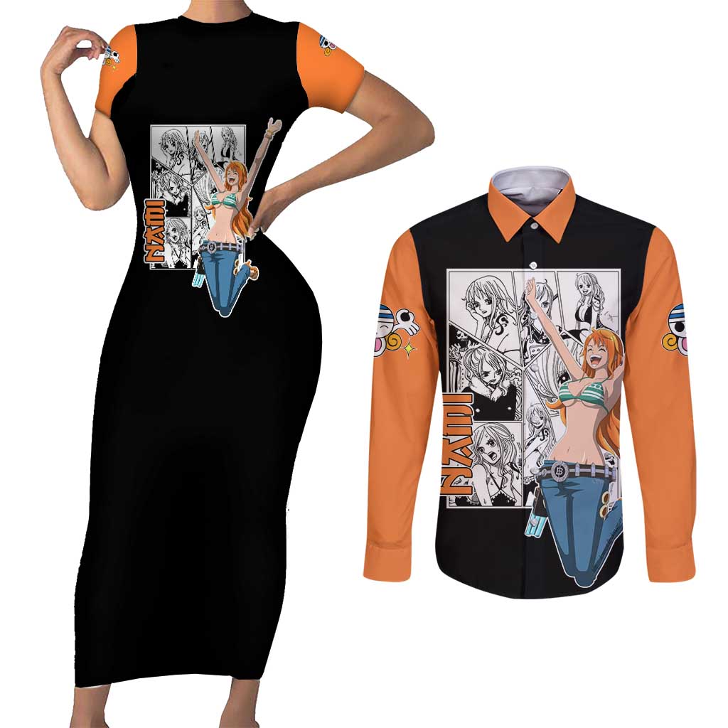 Nami - One Piece Couples Matching Short Sleeve Bodycon Dress and Long Sleeve Button Shirt Anime Mix Manga Style