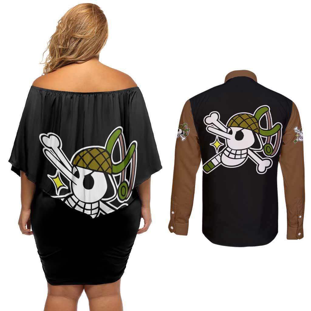 Usopp - One Piece Couples Matching Off Shoulder Short Dress and Long Sleeve Button Shirt Anime Mix Manga Style