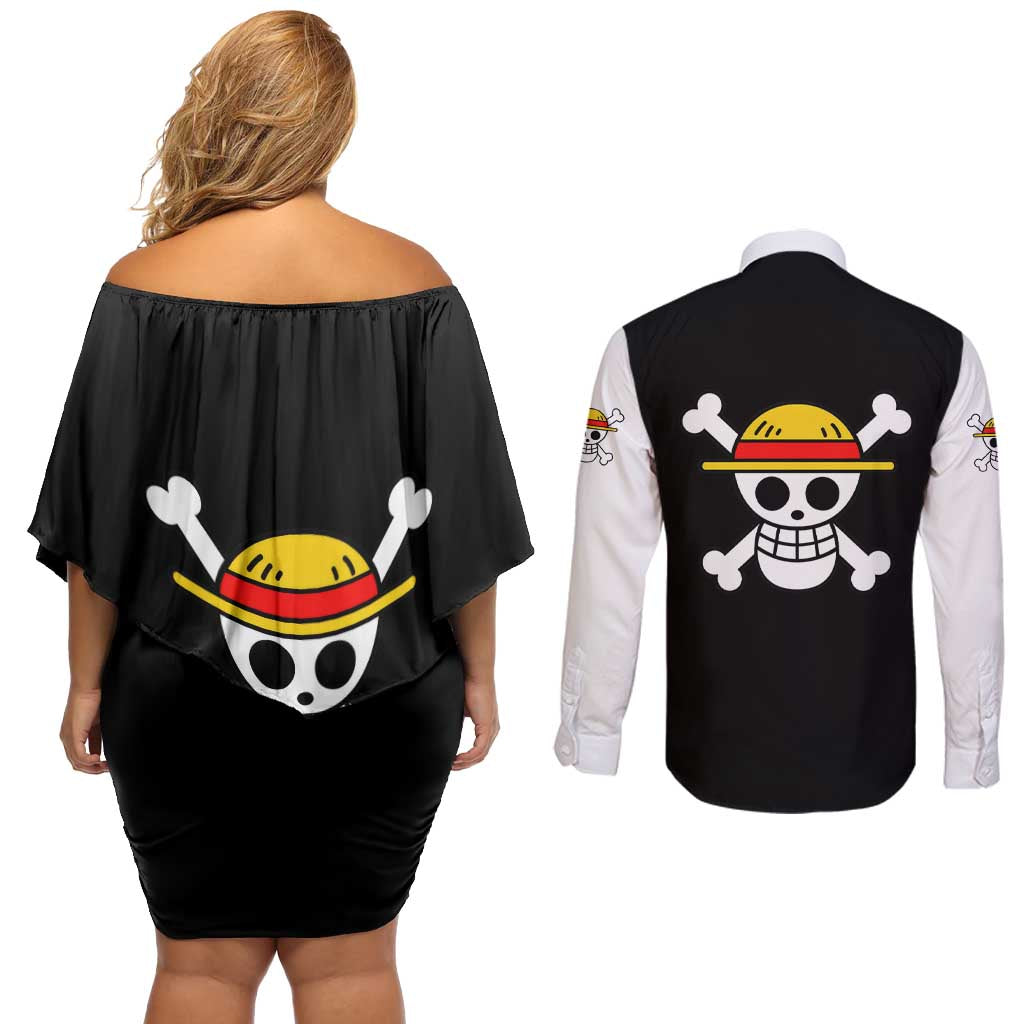 Luffy Gear 5 - One Piece Couples Matching Off Shoulder Short Dress and Long Sleeve Button Shirt Anime Mix Manga Style
