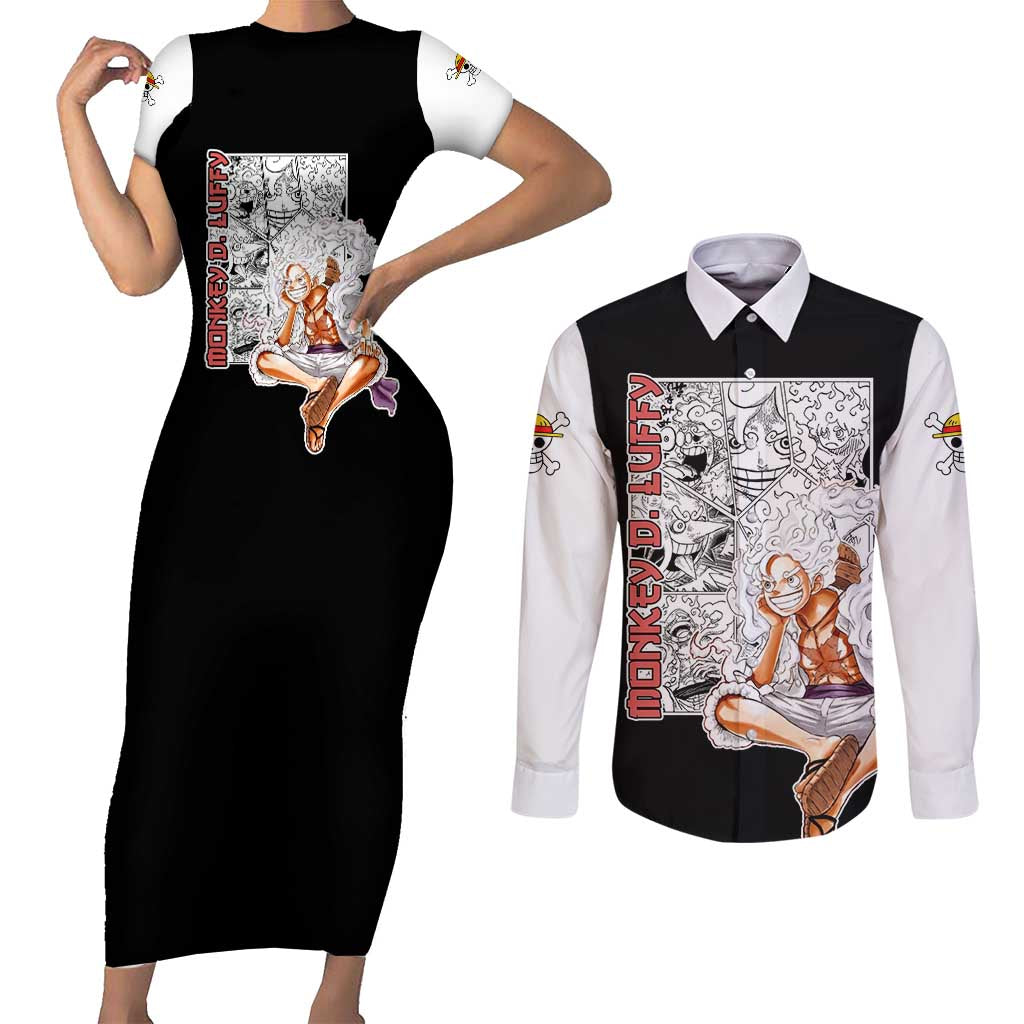 Luffy Gear 5 - One Piece Couples Matching Short Sleeve Bodycon Dress and Long Sleeve Button Shirt Anime Mix Manga Style