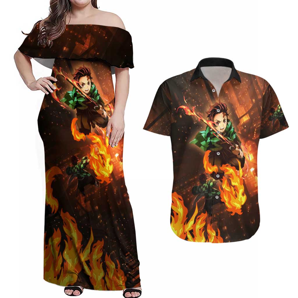 Kamado Tanjiro in Infinity Castle - Demon Slayer Couples Matching Off Shoulder Maxi Dress and Hawaiian Shirt Anime Style