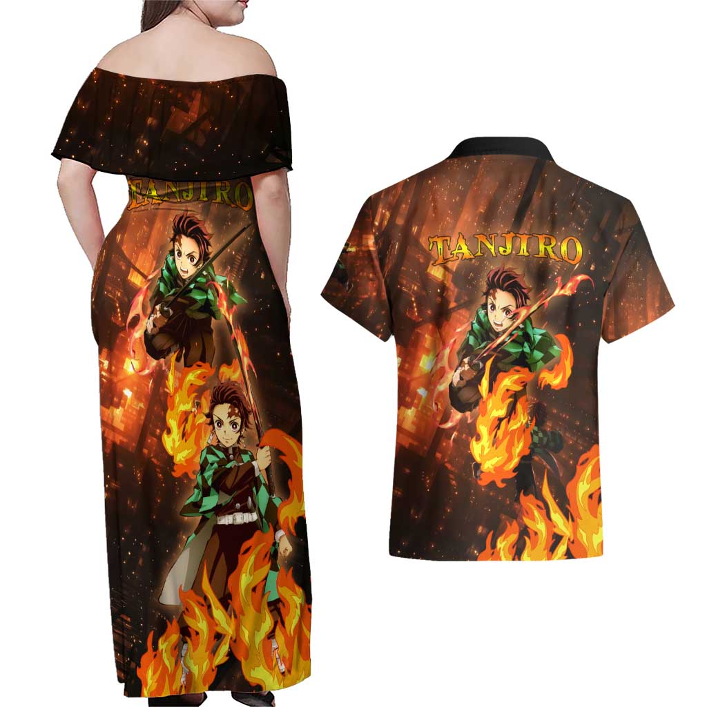 Kamado Tanjiro in Infinity Castle - Demon Slayer Couples Matching Off Shoulder Maxi Dress and Hawaiian Shirt Anime Style