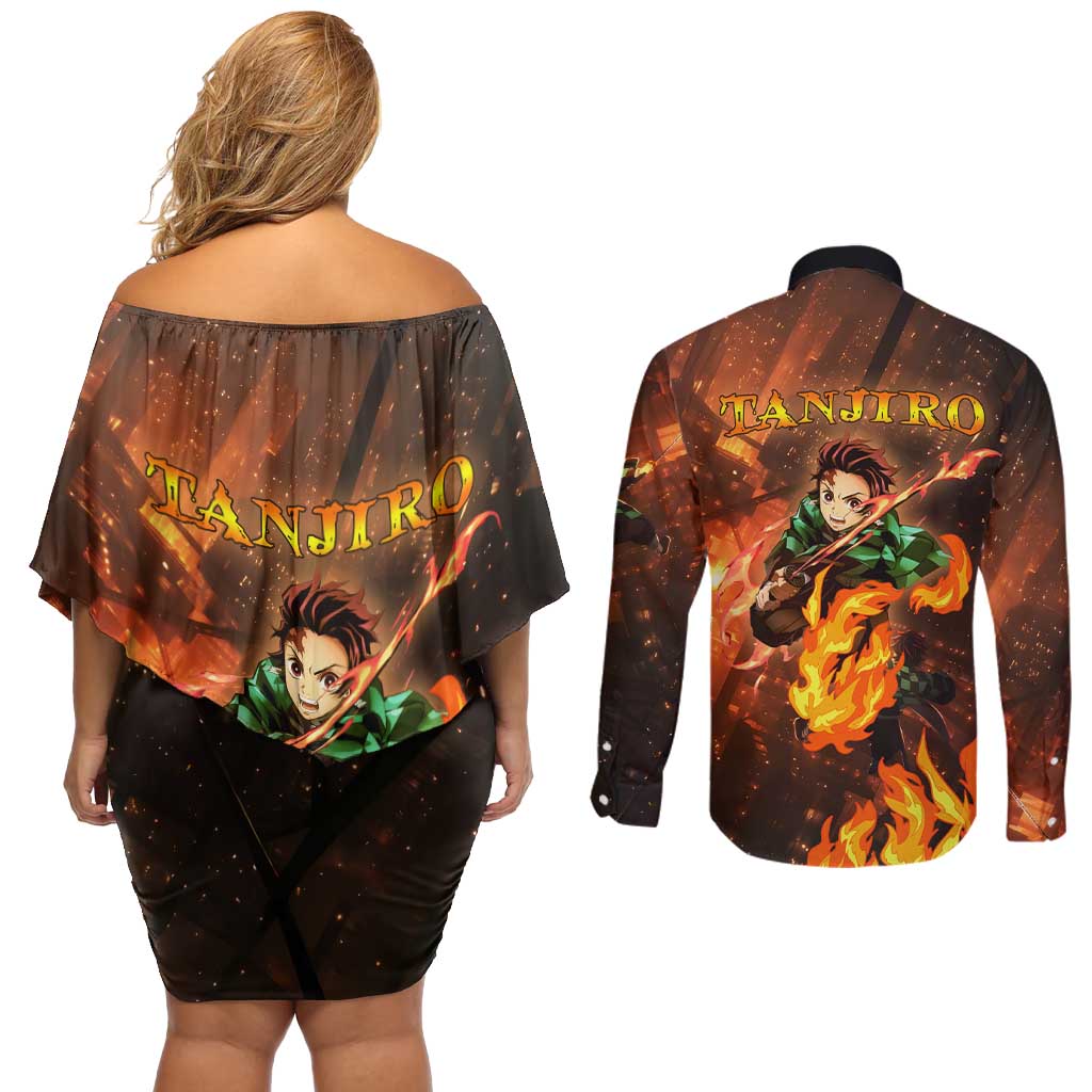 Kamado Tanjiro in Infinity Castle - Demon Slayer Couples Matching Off Shoulder Short Dress and Long Sleeve Button Shirt Anime Style