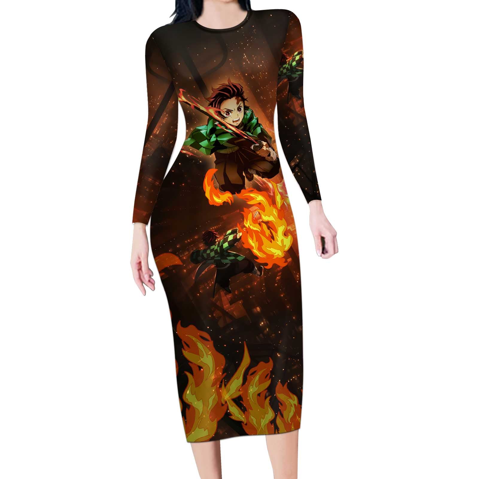 Kamado Tanjiro in Infinity Castle - Demon Slayer Long Sleeve Bodycon Dress Anime Style