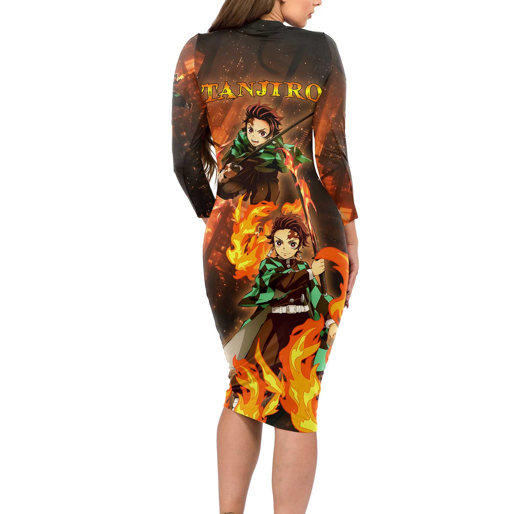 Kamado Tanjiro in Infinity Castle - Demon Slayer Long Sleeve Bodycon Dress Anime Style