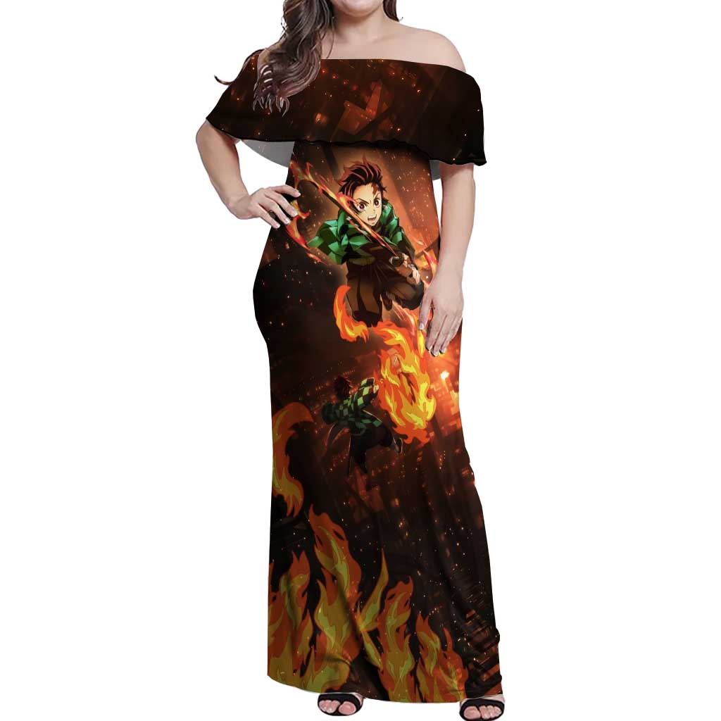 Kamado Tanjiro in Infinity Castle - Demon Slayer Off Shoulder Maxi Dress Anime Style