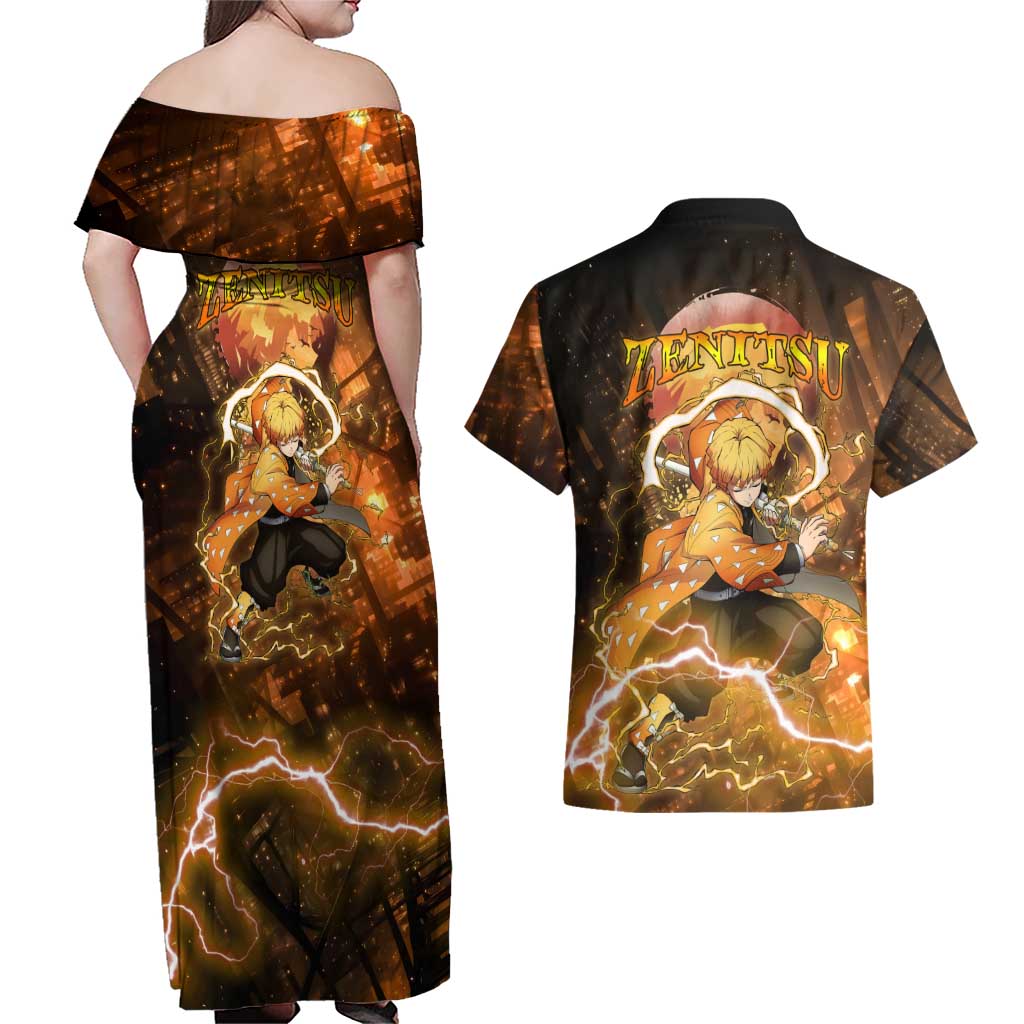 Nenitsu - Infinity Castle - Demon Slayer Couples Matching Off Shoulder Maxi Dress and Hawaiian Shirt Anime Style