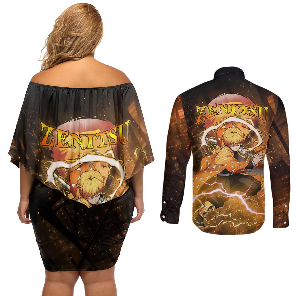 Nenitsu - Infinity Castle - Demon Slayer Couples Matching Off Shoulder Short Dress and Long Sleeve Button Shirt Anime Style