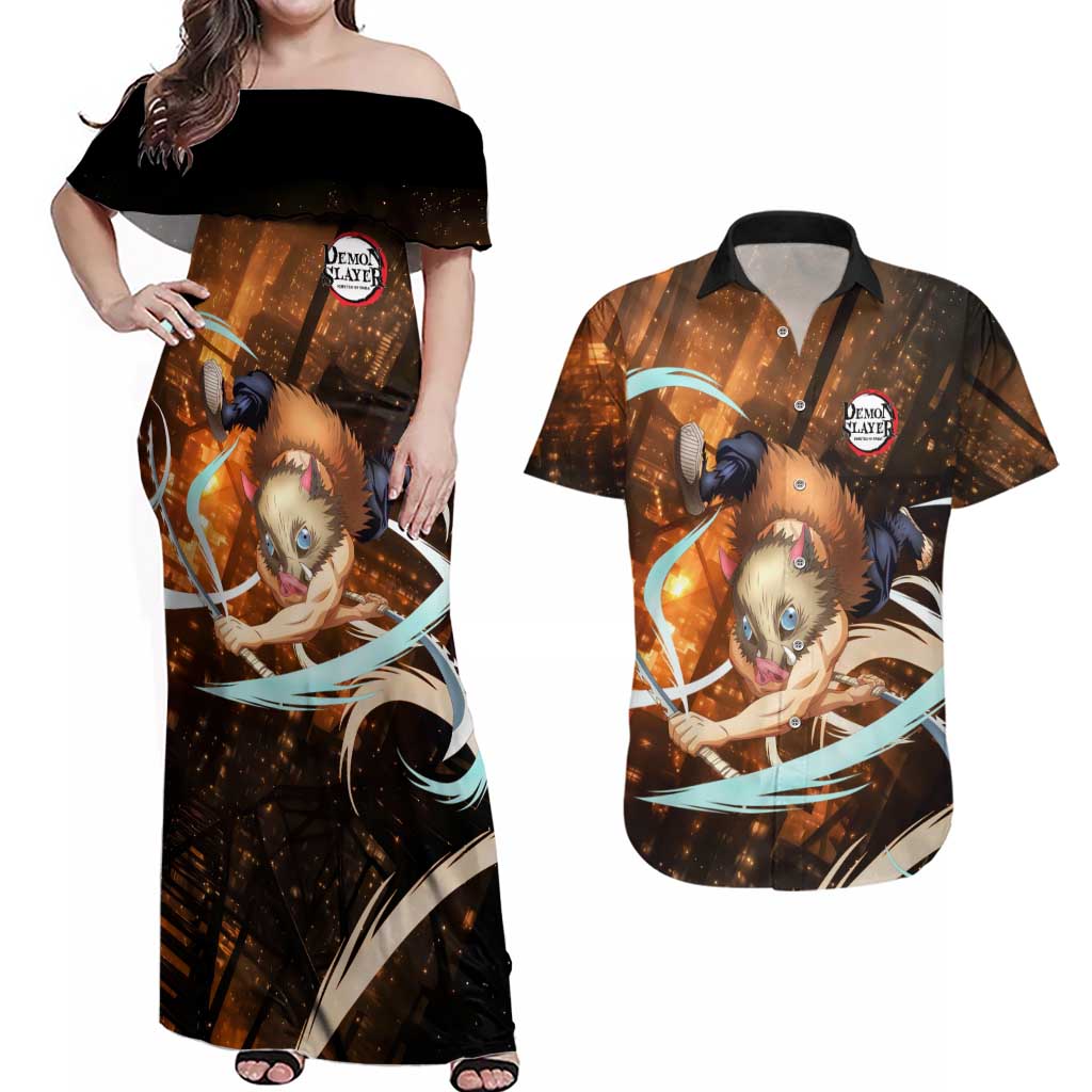 Inosuke - Infinity Castle - Demon Slayer Couples Matching Off Shoulder Maxi Dress and Hawaiian Shirt Anime Style