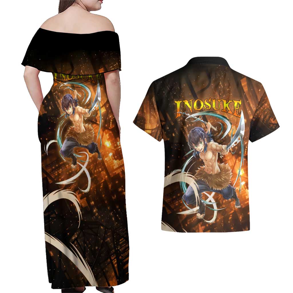 Inosuke - Infinity Castle - Demon Slayer Couples Matching Off Shoulder Maxi Dress and Hawaiian Shirt Anime Style