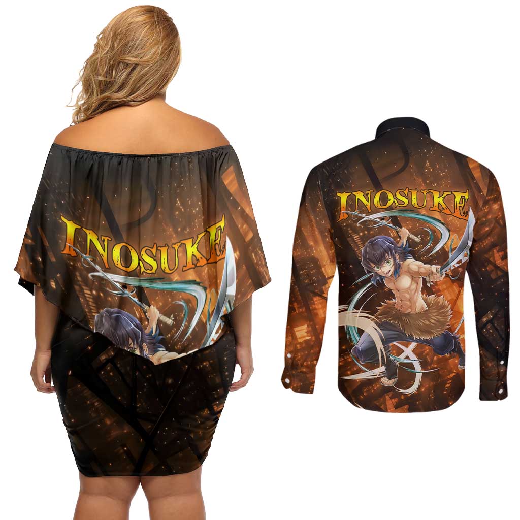 Inosuke - Infinity Castle - Demon Slayer Couples Matching Off Shoulder Short Dress and Long Sleeve Button Shirt Anime Style