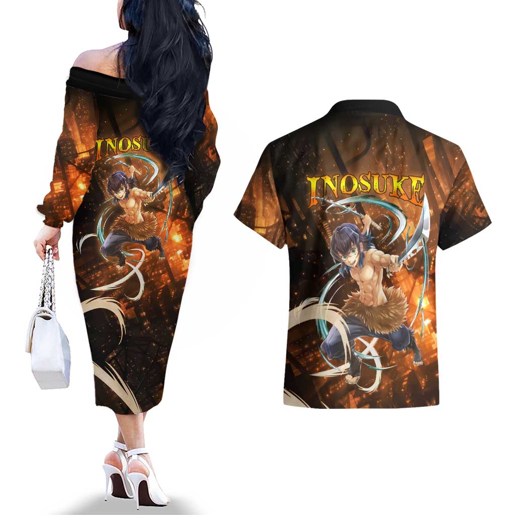 Inosuke - Infinity Castle - Demon Slayer Couples Matching Off The Shoulder Long Sleeve Dress and Hawaiian Shirt Anime Style