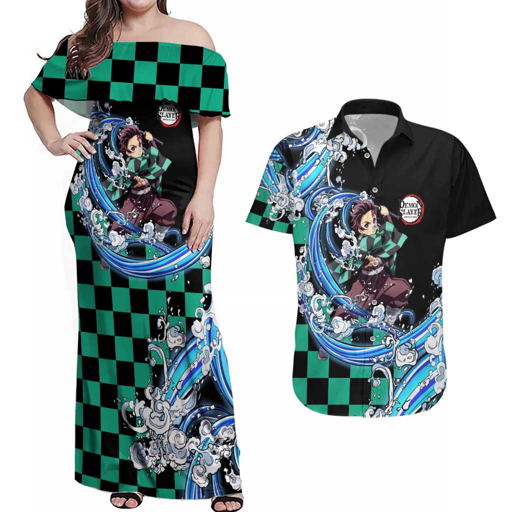 Tanjiro Kamado - Demon Slayer Couples Matching Off Shoulder Maxi Dress and Hawaiian Shirt Anime Style