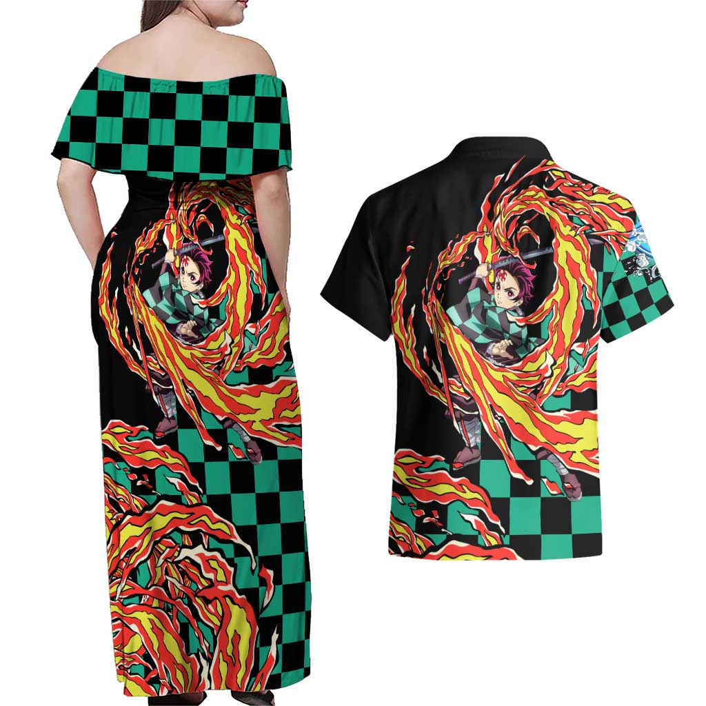 Tanjiro Kamado - Demon Slayer Couples Matching Off Shoulder Maxi Dress and Hawaiian Shirt Anime Style