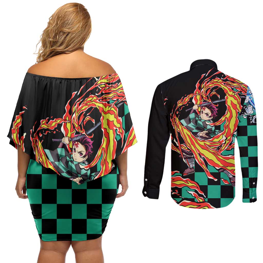 Tanjiro Kamado - Demon Slayer Couples Matching Off Shoulder Short Dress and Long Sleeve Button Shirt Anime Style