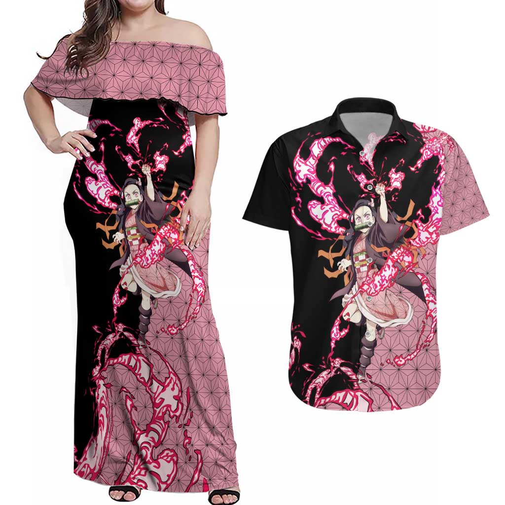 Nezuko Kamado - Demon Slayer Couples Matching Off Shoulder Maxi Dress and Hawaiian Shirt Anime Style