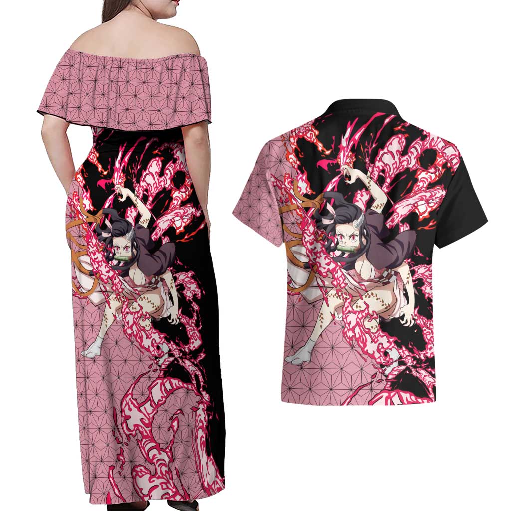 Nezuko Kamado - Demon Slayer Couples Matching Off Shoulder Maxi Dress and Hawaiian Shirt Anime Style
