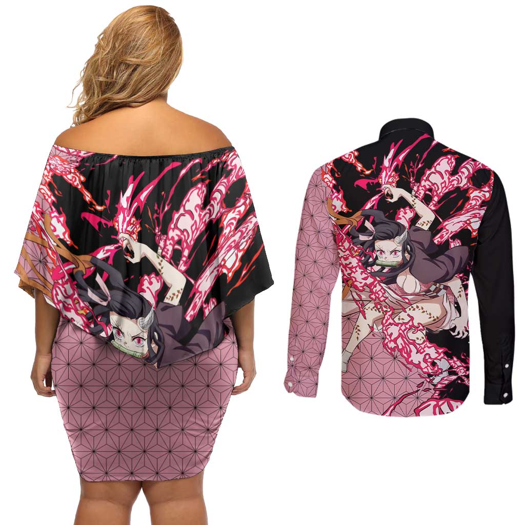 Nezuko Kamado - Demon Slayer Couples Matching Off Shoulder Short Dress and Long Sleeve Button Shirt Anime Style