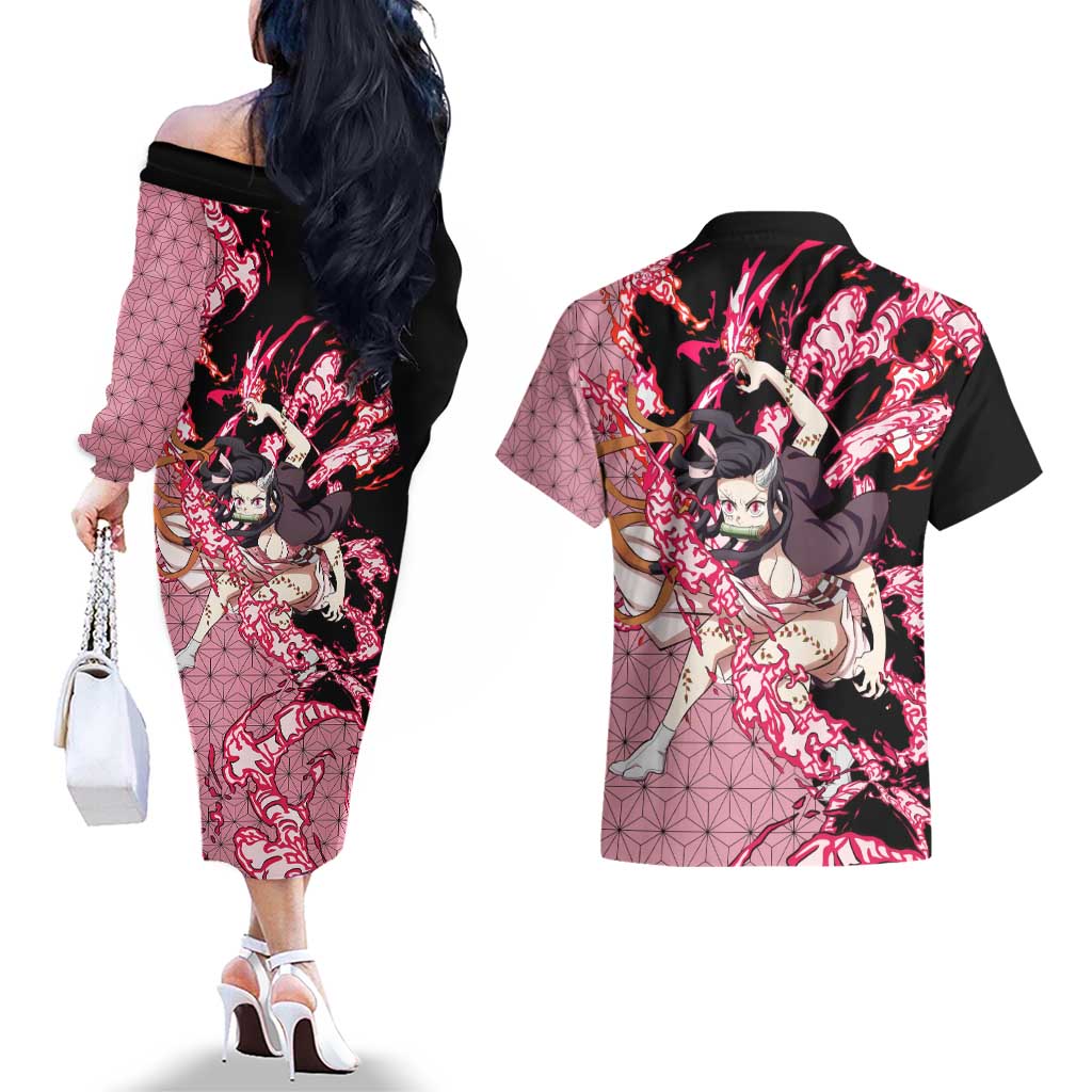 Nezuko Kamado - Demon Slayer Couples Matching Off The Shoulder Long Sleeve Dress and Hawaiian Shirt Anime Style