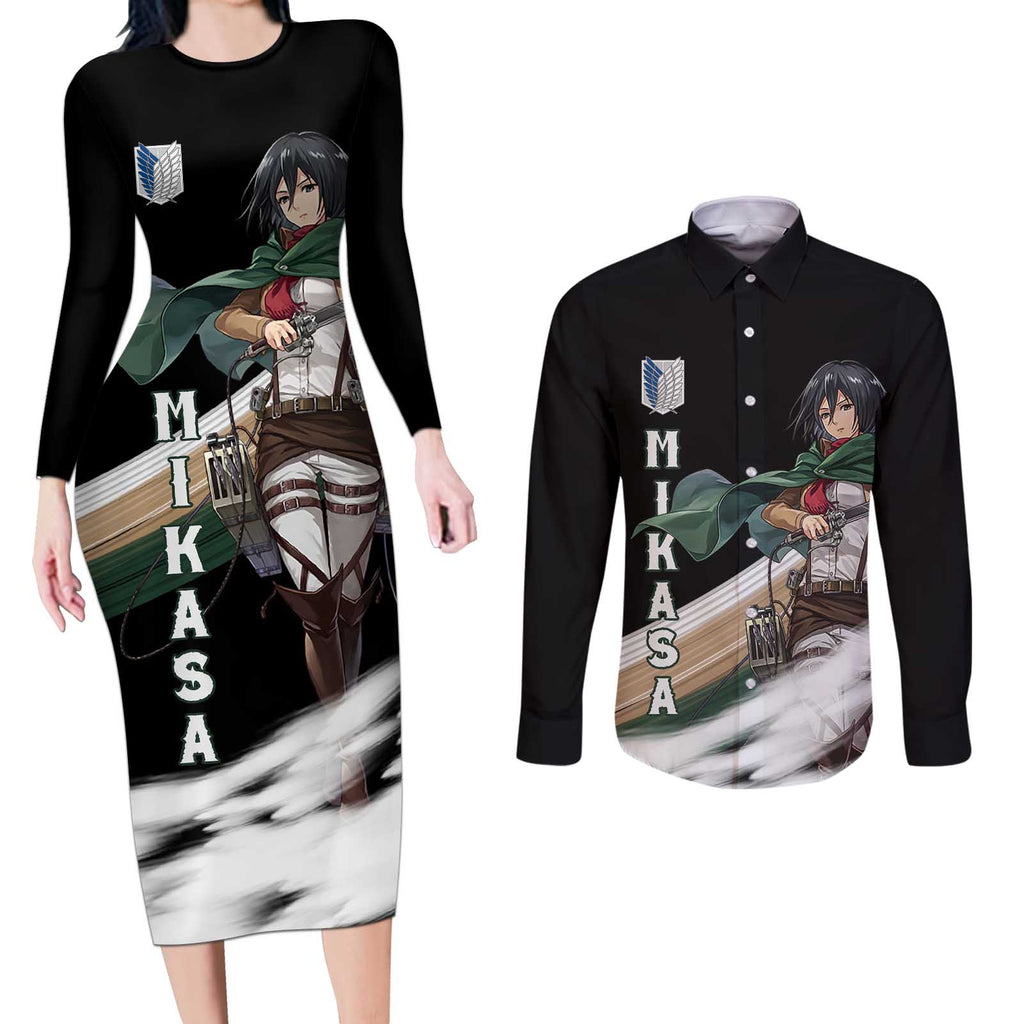 Mikasa Ackerman - Attack On Titan Couples Matching Long Sleeve Bodycon Dress and Long Sleeve Button Shirt Anime Style