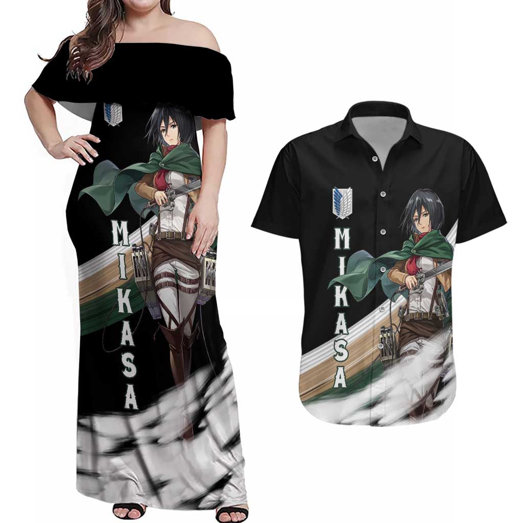 Mikasa Ackerman - Attack On Titan Couples Matching Off Shoulder Maxi Dress and Hawaiian Shirt Anime Style