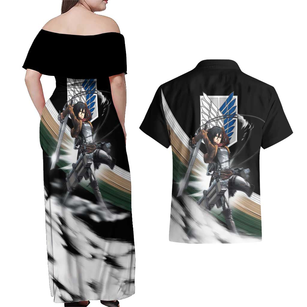 Mikasa Ackerman - Attack On Titan Couples Matching Off Shoulder Maxi Dress and Hawaiian Shirt Anime Style