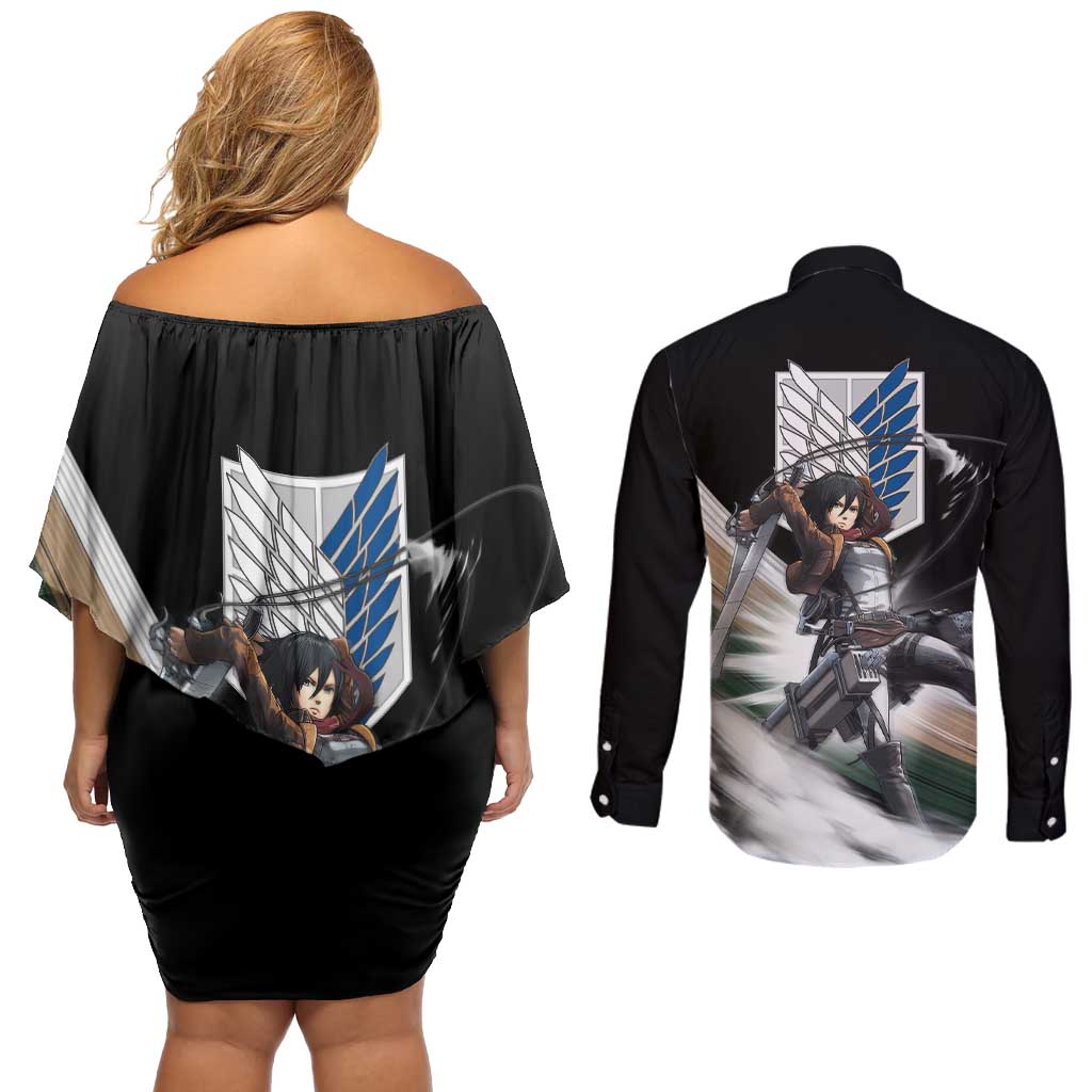 Mikasa Ackerman - Attack On Titan Couples Matching Off Shoulder Short Dress and Long Sleeve Button Shirt Anime Style