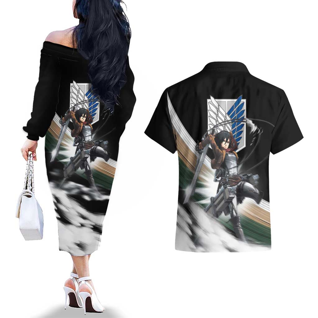 Mikasa Ackerman - Attack On Titan Couples Matching Off The Shoulder Long Sleeve Dress and Hawaiian Shirt Anime Style