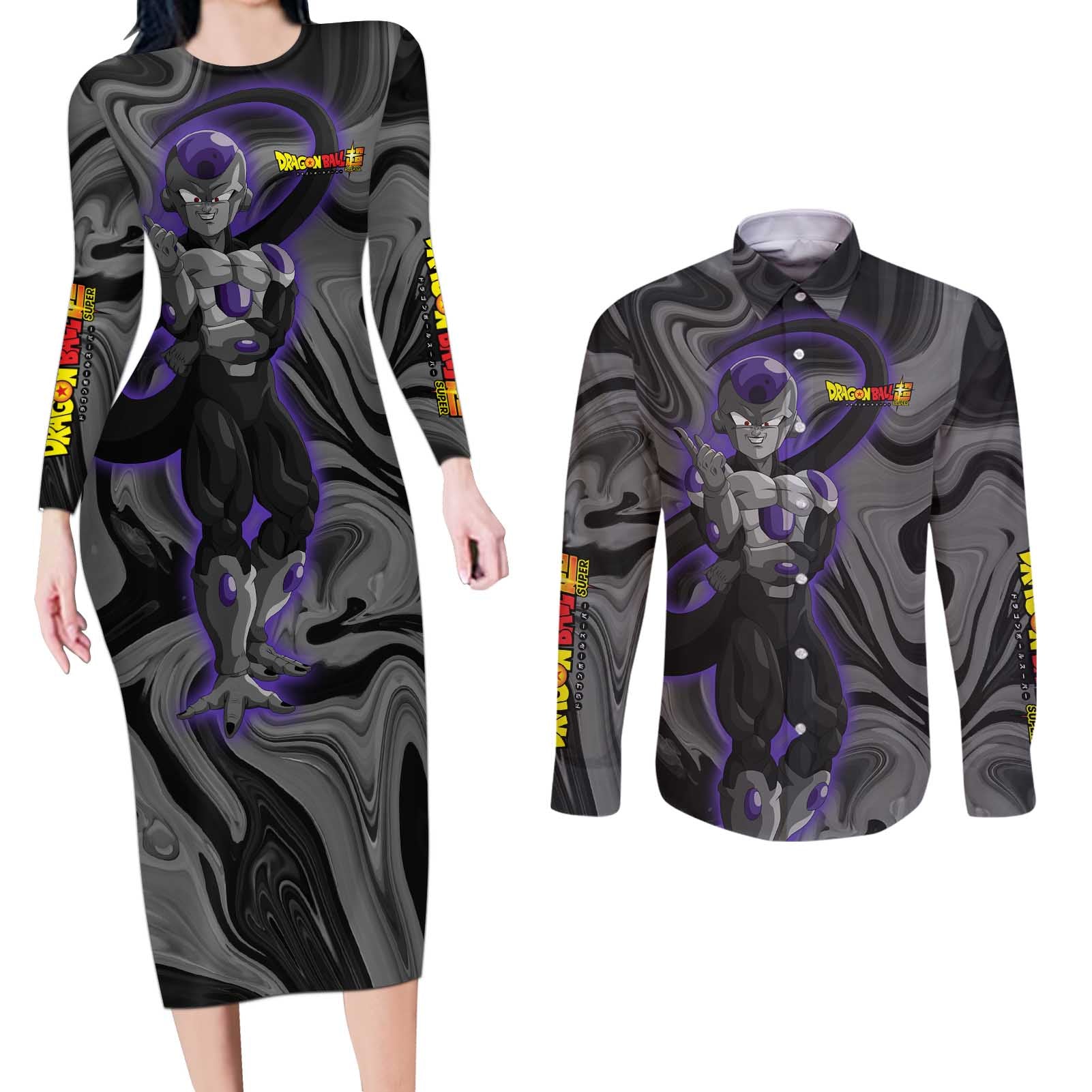 Black Frieza - Dragon Ball Couples Matching Long Sleeve Bodycon Dress and Long Sleeve Button Shirt Anime Style