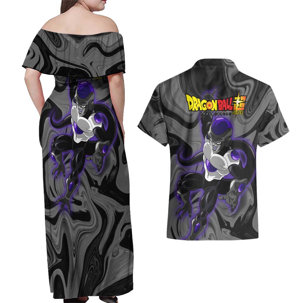 Black Frieza - Dragon Ball Couples Matching Off Shoulder Maxi Dress and Hawaiian Shirt Anime Style