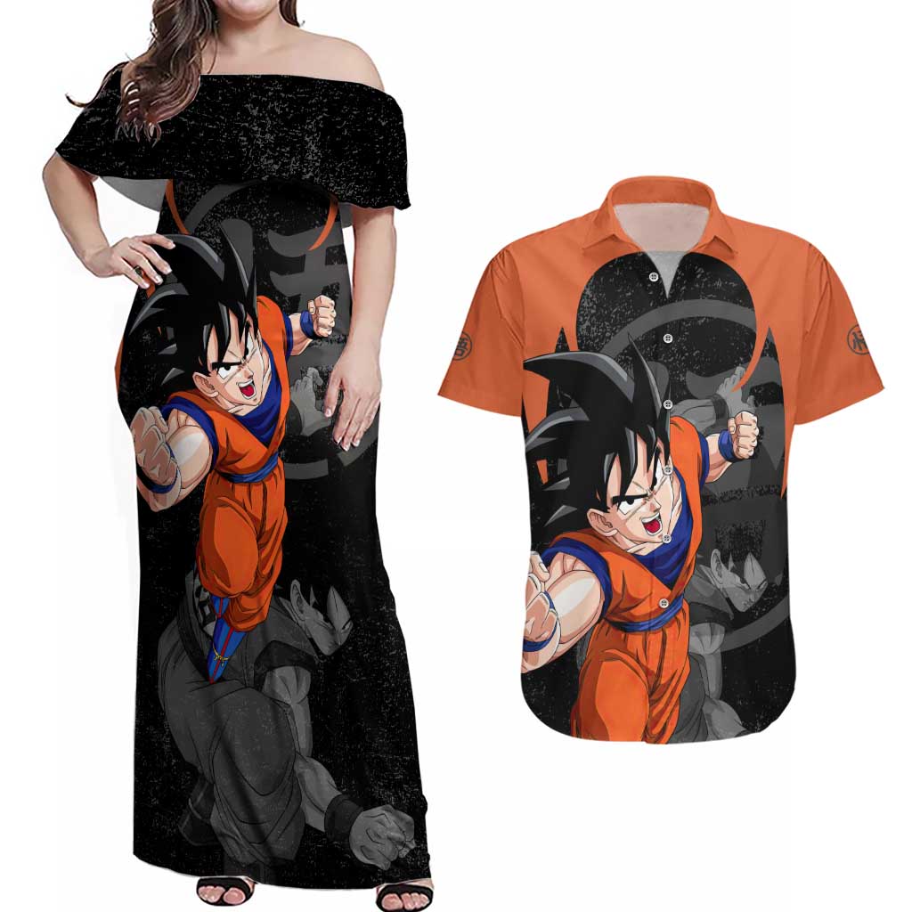 Goku - Dragon Ball Z Couples Matching Off Shoulder Maxi Dress and Hawaiian Shirt Anime Style