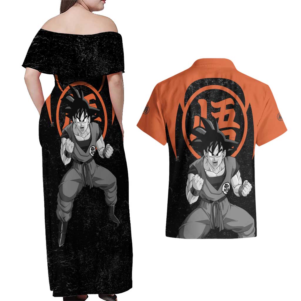 Goku - Dragon Ball Z Couples Matching Off Shoulder Maxi Dress and Hawaiian Shirt Anime Style