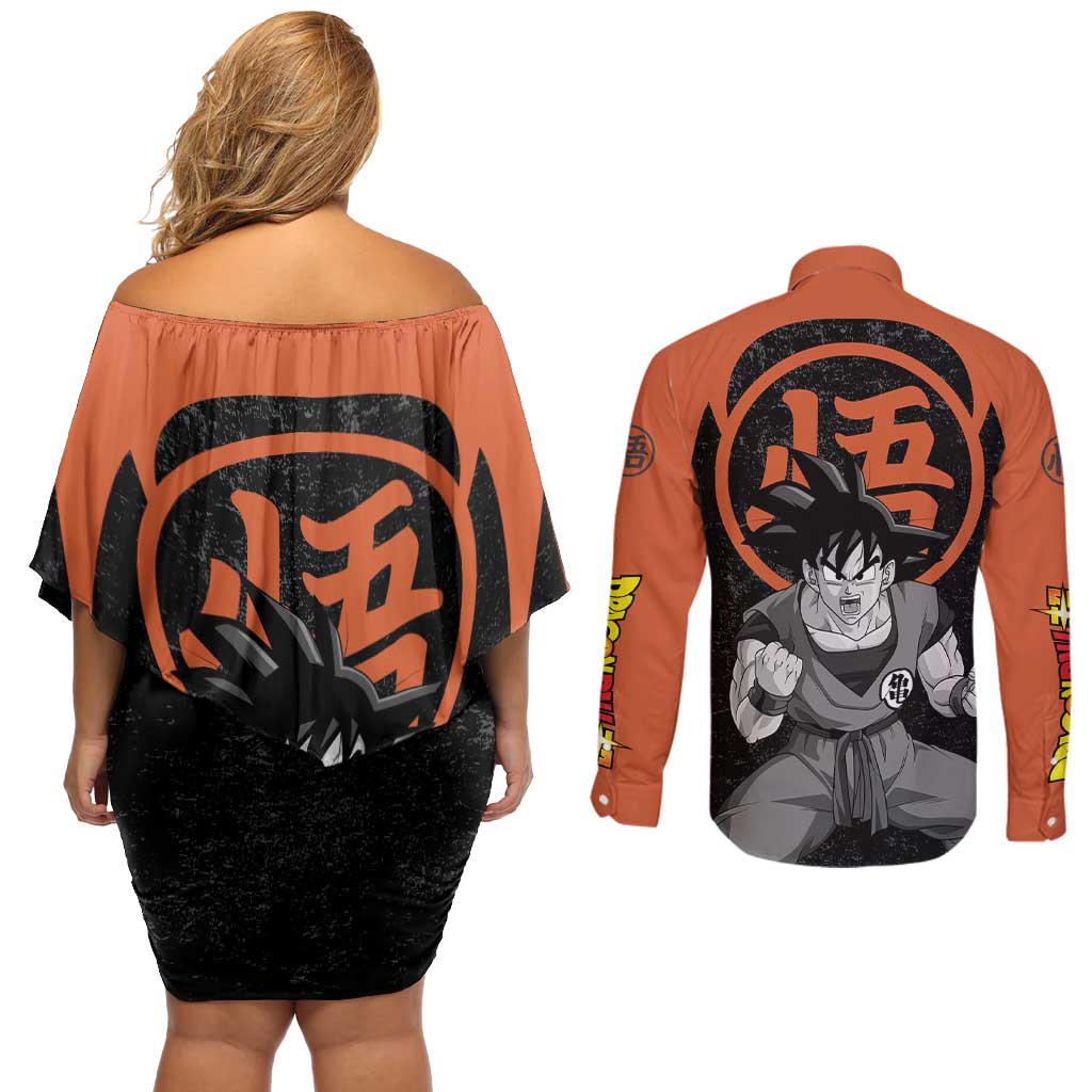 Goku - Dragon Ball Z Couples Matching Off Shoulder Short Dress and Long Sleeve Button Shirt Anime Style