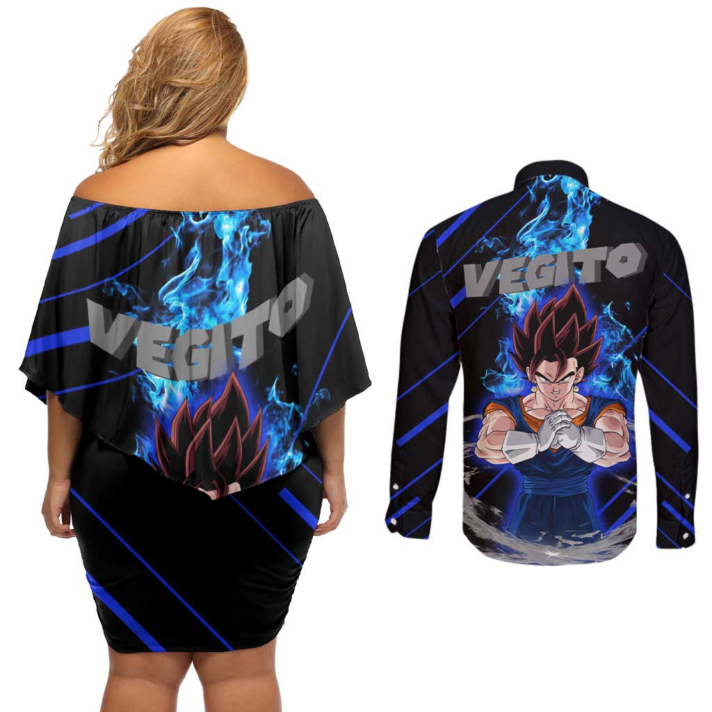 Vegito - Dragon Ball Couples Matching Off Shoulder Short Dress and Long Sleeve Button Shirt Anime Style