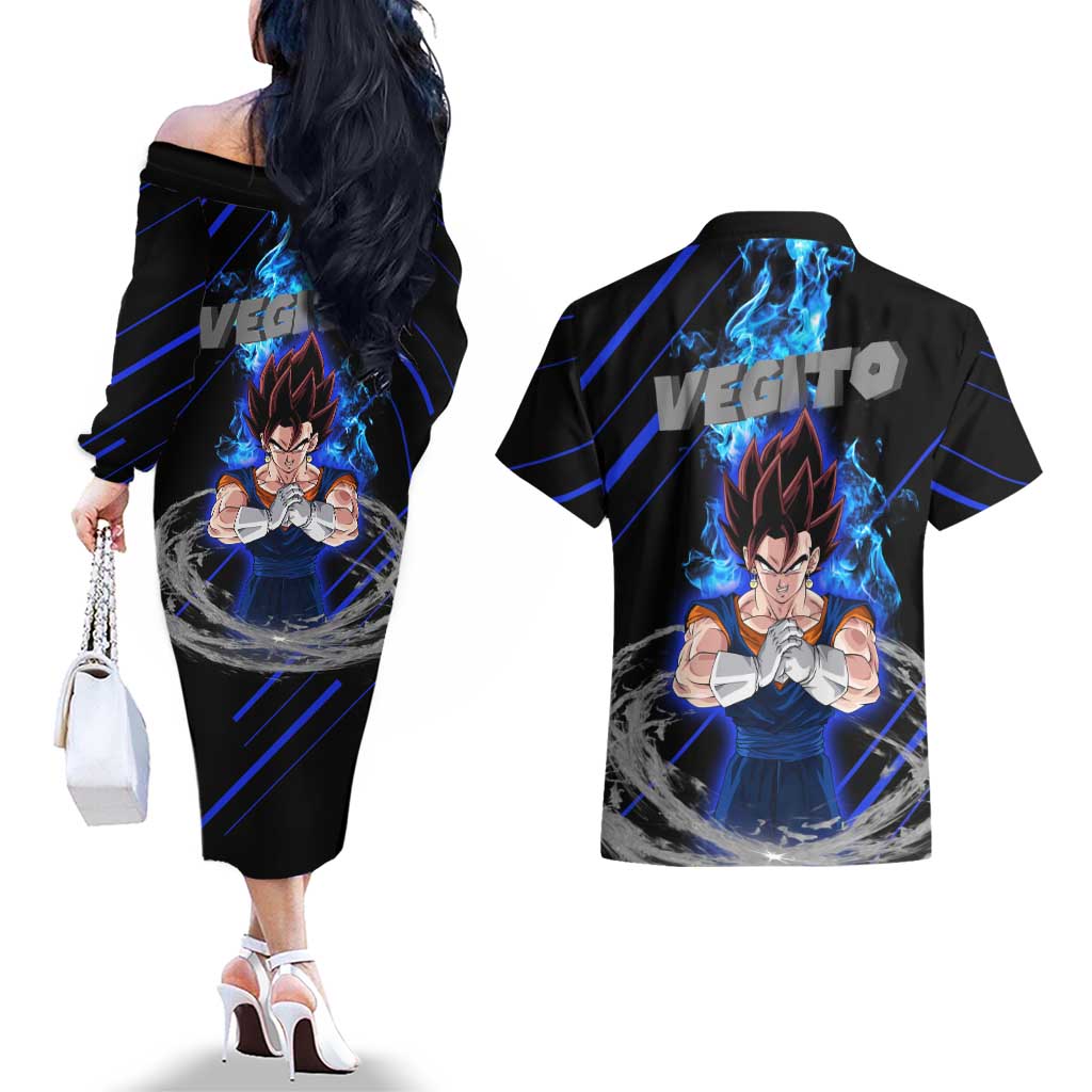 Vegito - Dragon Ball Couples Matching Off The Shoulder Long Sleeve Dress and Hawaiian Shirt Anime Style