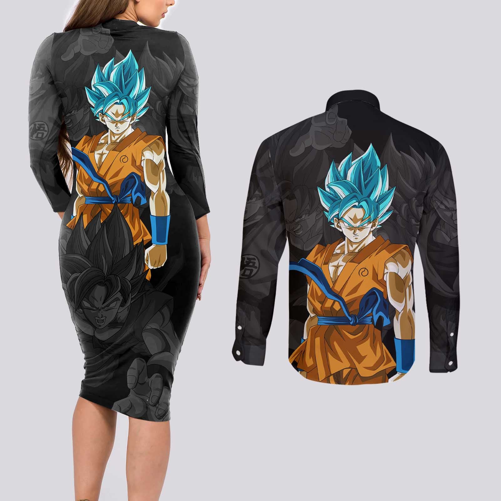 Goku Blue - Dragon Ball Couples Matching Long Sleeve Bodycon Dress and Long Sleeve Button Shirt Anime Style