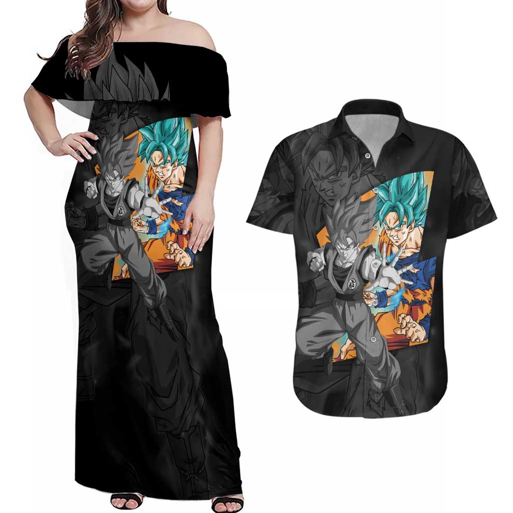 Goku Blue - Dragon Ball Couples Matching Off Shoulder Maxi Dress and Hawaiian Shirt Anime Style