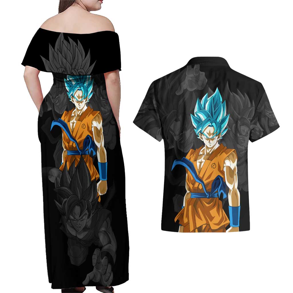 Goku Blue - Dragon Ball Couples Matching Off Shoulder Maxi Dress and Hawaiian Shirt Anime Style