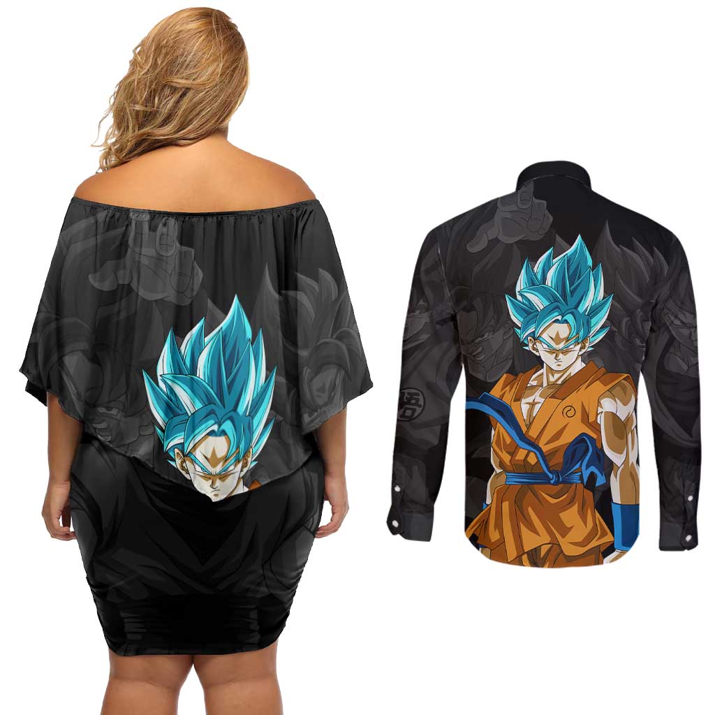 Goku Blue - Dragon Ball Couples Matching Off Shoulder Short Dress and Long Sleeve Button Shirt Anime Style